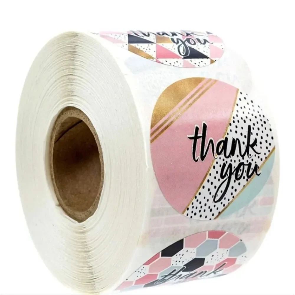 500 Thank You Stickers Colorful Pink Blue Geometric Design